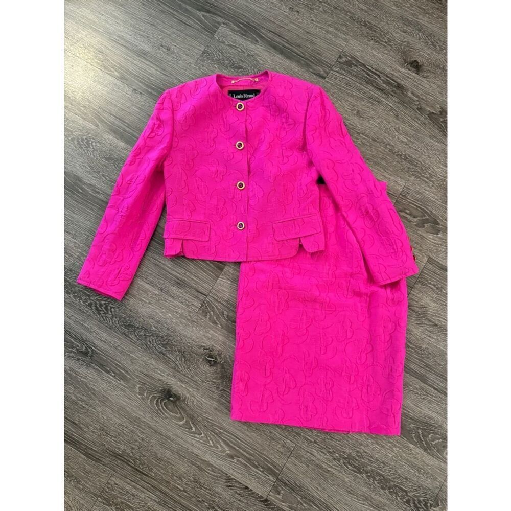 Louis Feraud Vintage Bright Embossed Skirt and Jacket Set